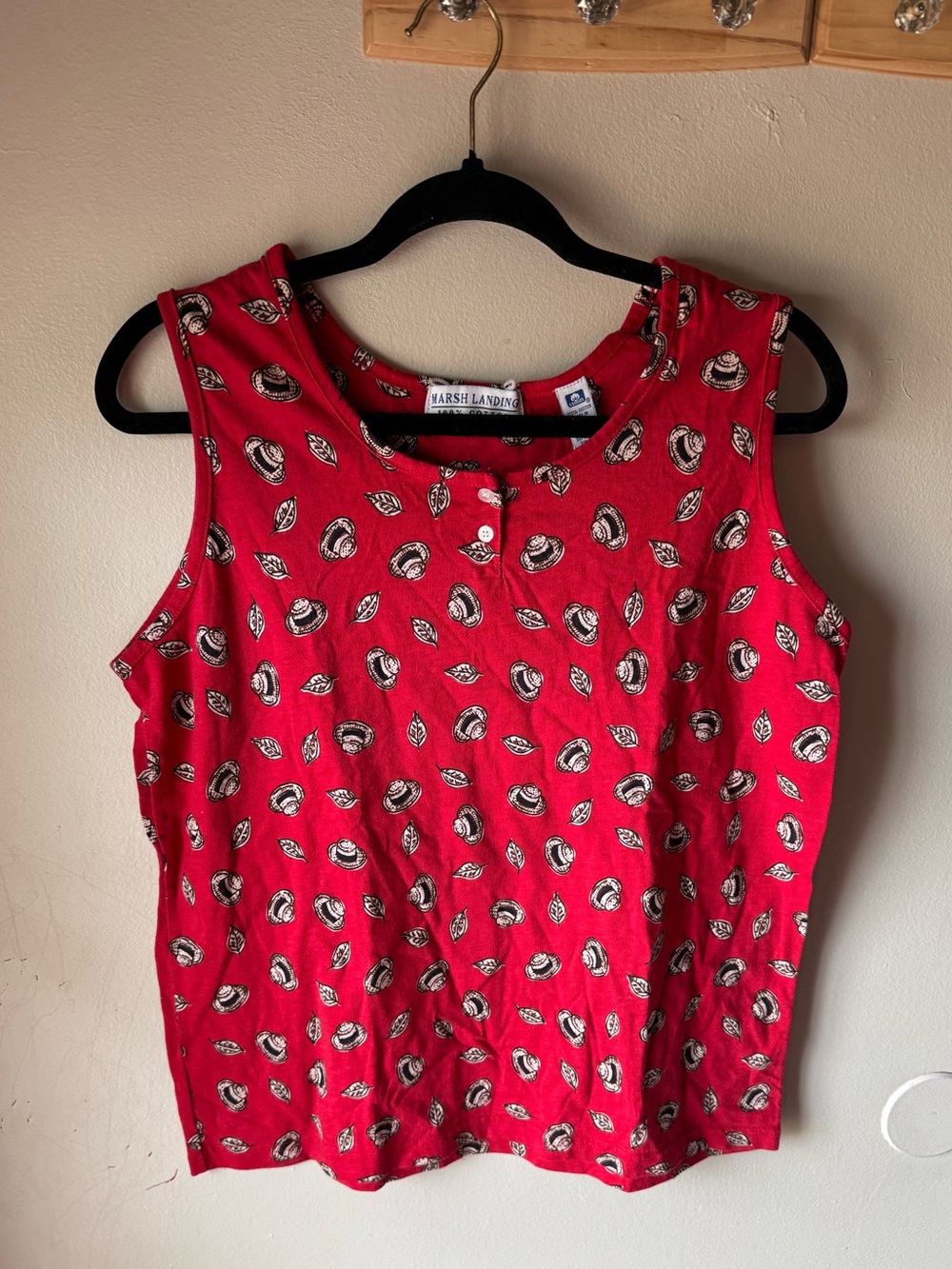 Vintage 90s Marsh Landing Red Straw Hat Leaf Print Tank Top L Cotton Cottagecore